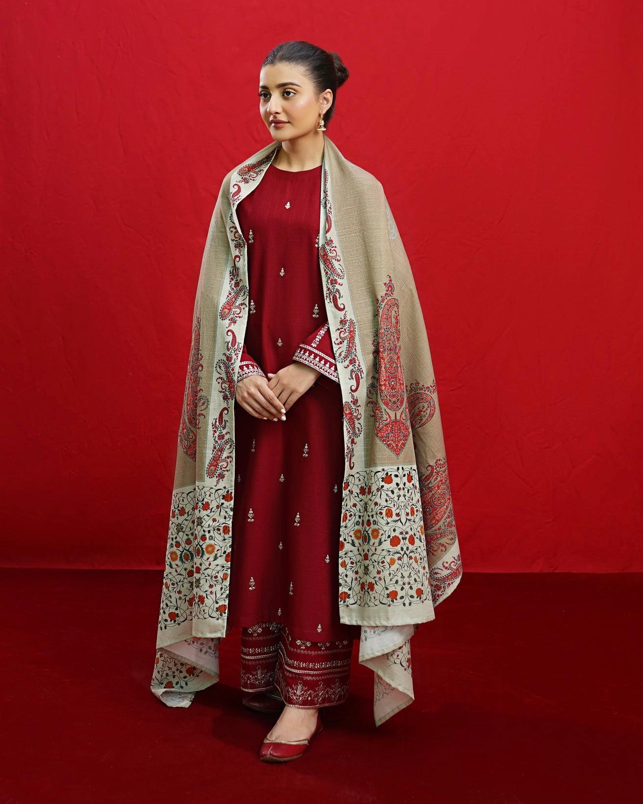 URGE AIRJET DHANAK 3PC MAROON EMBROIDERED SUIT WITH PRINTED SHAWL