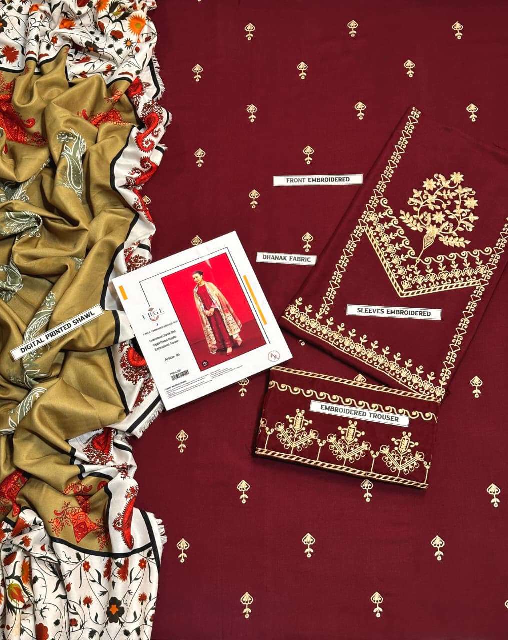 URGE AIRJET DHANAK 3PC MAROON EMBROIDERED SUIT WITH PRINTED SHAWL