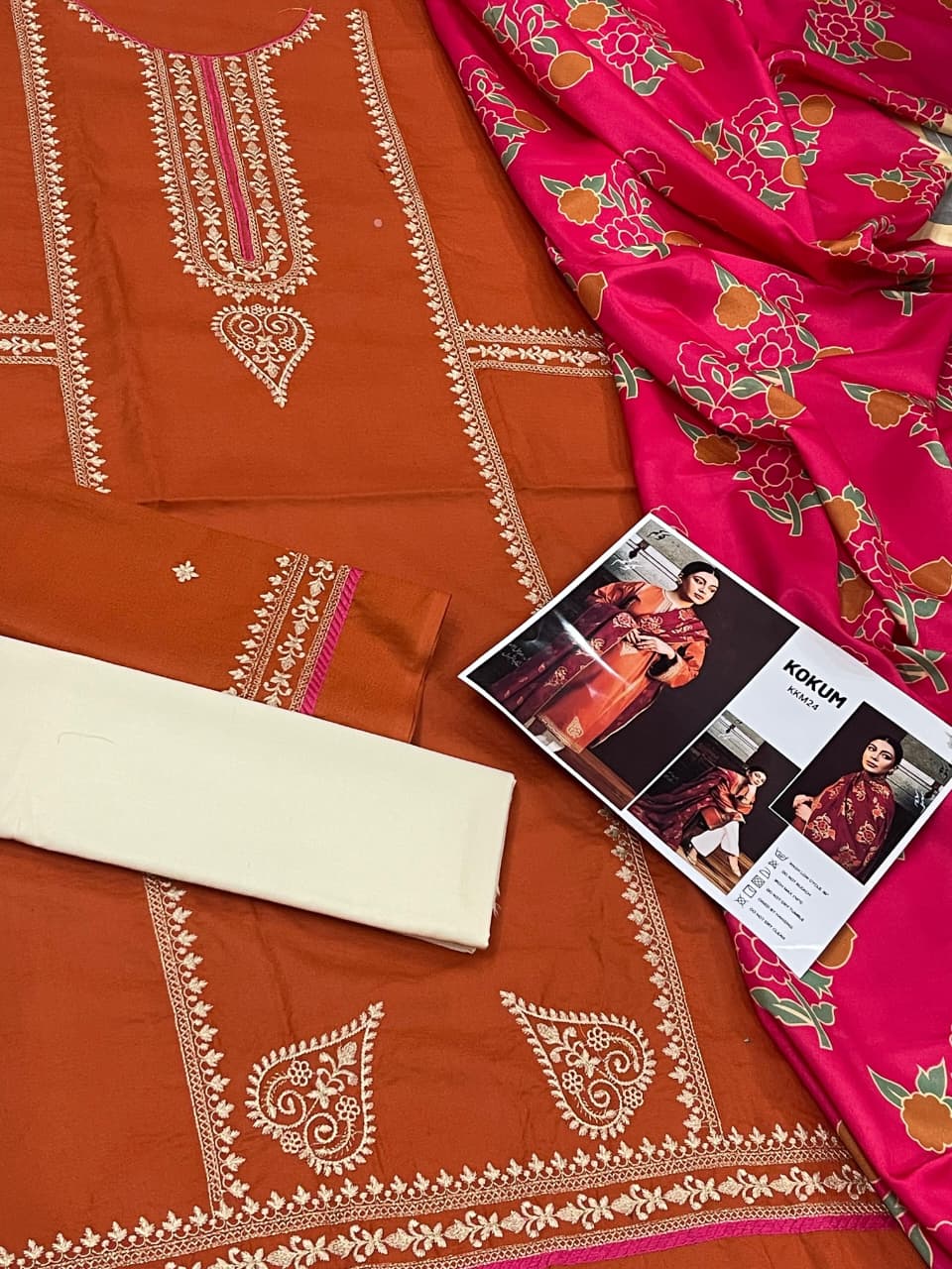 URGE AIRJET DHANAK 3PC ORANGE EMBROIDERED SUIT WITH PRINTED SHAWL