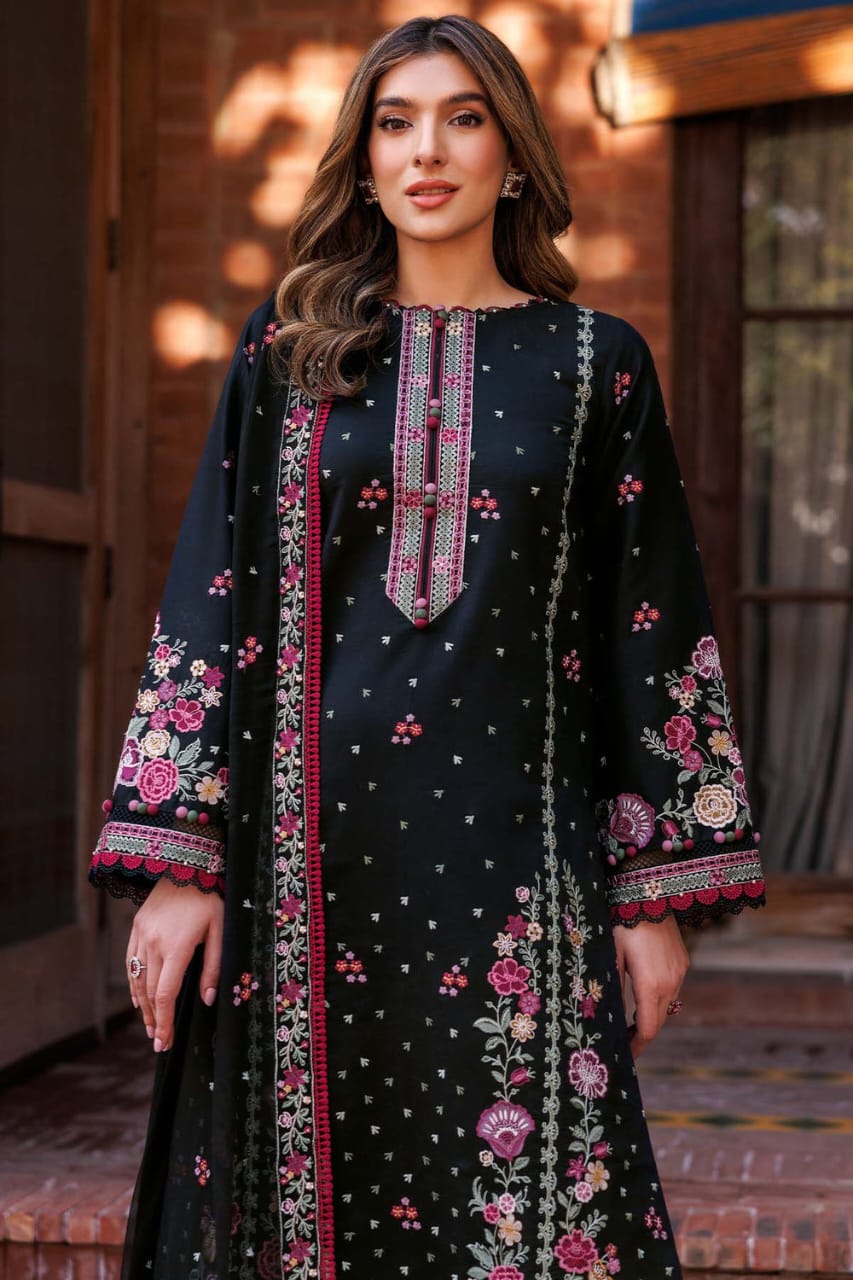 URGE AIRJET DHANAK 3PC BLACK EMBROIDERED SUIT WITH PRINTED SHAWL