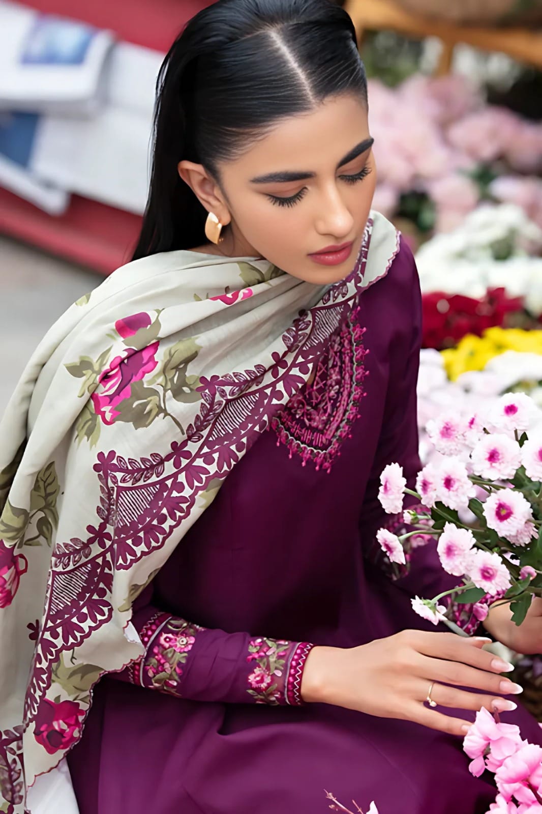 URGE AIRJET DHANAK 3PC PURPLE EMBROIDERED SUIT WITH PRINTED SHAWL