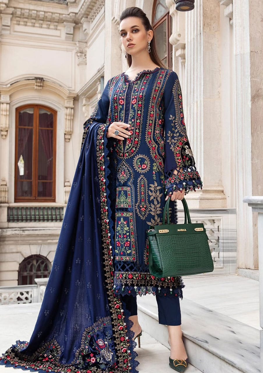 URGE AIRJET DHANAK 3PC NAVY EMBROIDERED SUIT WITH PRINTED SHAWL
