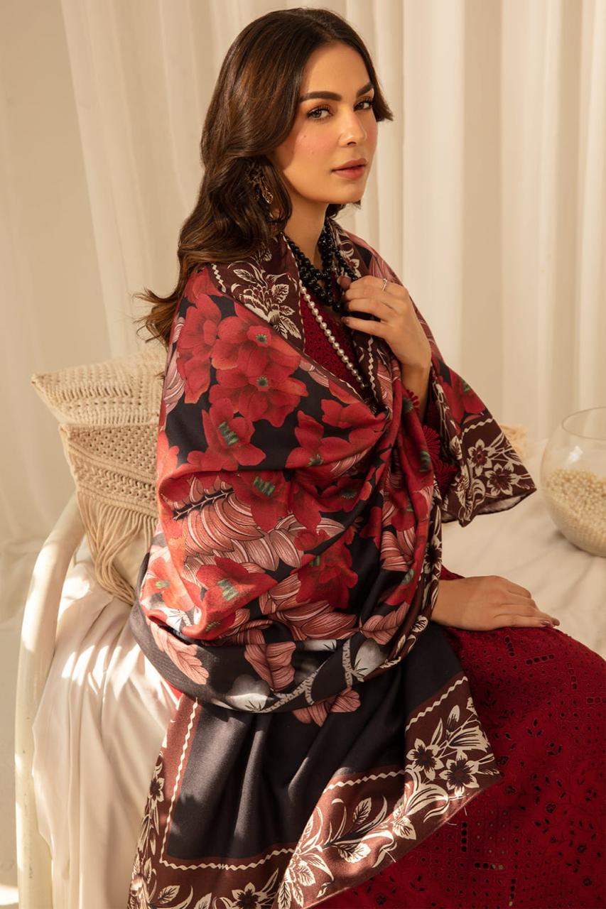 ZARA SHAHJAHAN 3PC (PREMIUM DHANAK) RED WITH PRINTED SHAWL